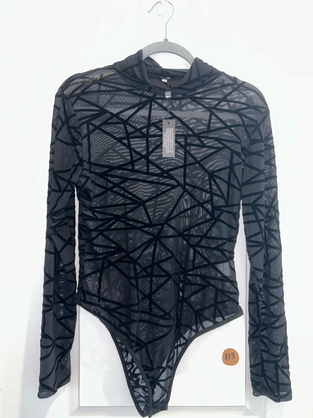 Black Geometric Mesh Long-Sleeve Bodysuit
